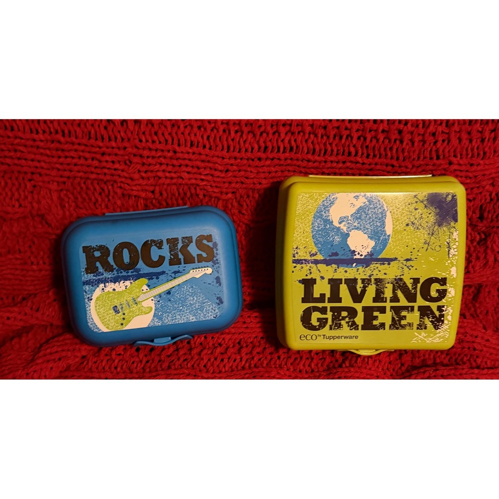 Tupperware Eco Sandwich Snack Container Set Living Green Earth Rocks Guitar 2pc